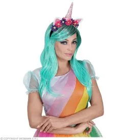 Eenhoorn Blauwgroene Pruik Met Bloemetjes Hoofdband -Kledingwinkel Van Roodkapje wdm 2018 46942 3 1